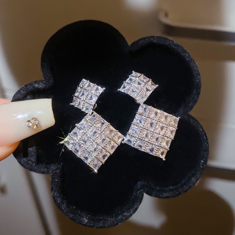 Silver Crystal Square Drop Earrings - Women Jewelry
